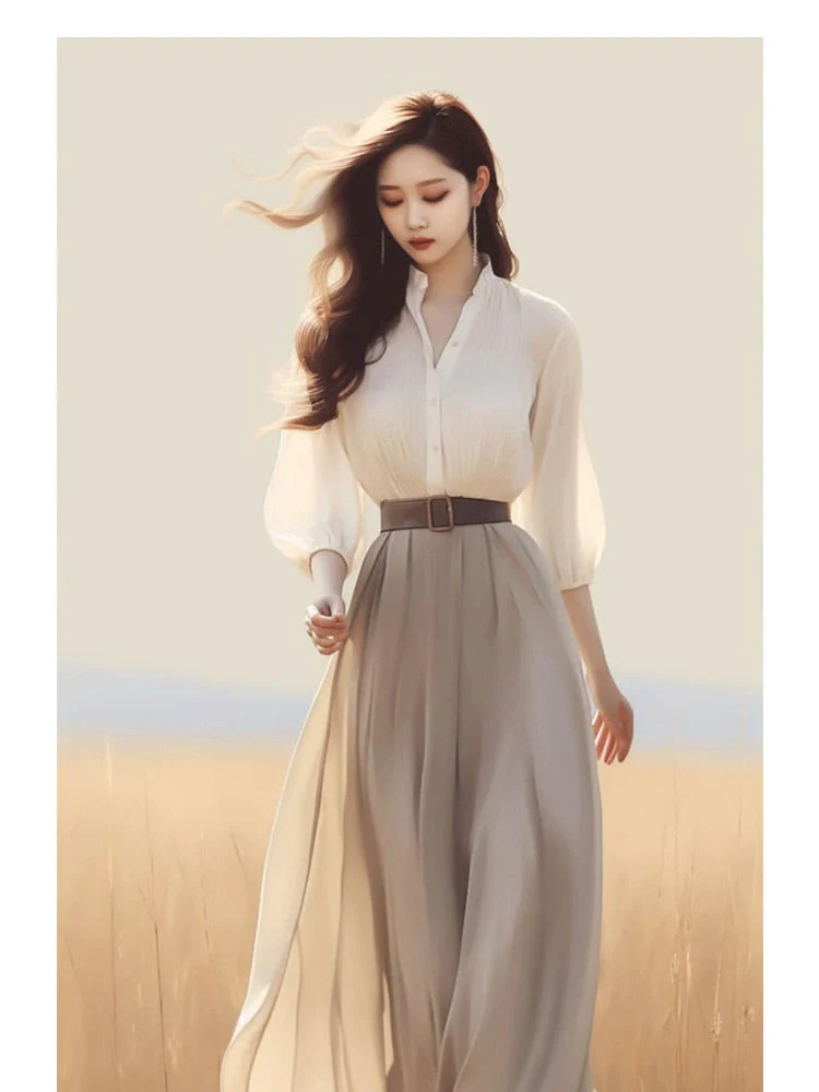 deanwangkt French Light Luxury Shirt Dress Set  Autumn New Elegant Fashion Long Sleeve High Waist Lace-up Casual Chic Female Clothing - Deanwangkt