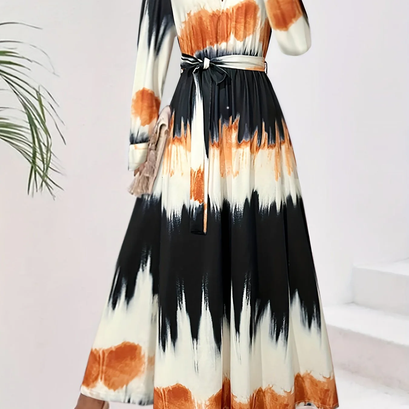 Gradient Print Cuff Sleeve Dress, Casual V Neck Tie-waist Dress For Spring & Fall, Women's Clothing - Deanwangkt