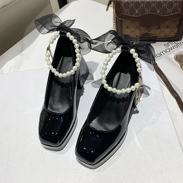 deanwangkt New Pearls Strap Square Heels Pumps Women Shoes Fashion Pu Leather Platform Mary Janes Woman High Heels Party Wedding Shoes - Deanwangkt