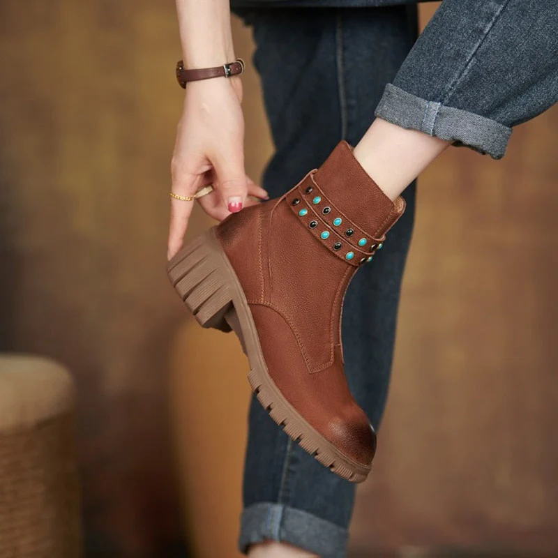 deanwangkt Autumn Boots    Fashion Women Boots Round Toe Thick Heel Women Shoes Genuine Leather Boots for Women New Fall Shoes Women Ankle Boots Women - Deanwangkt