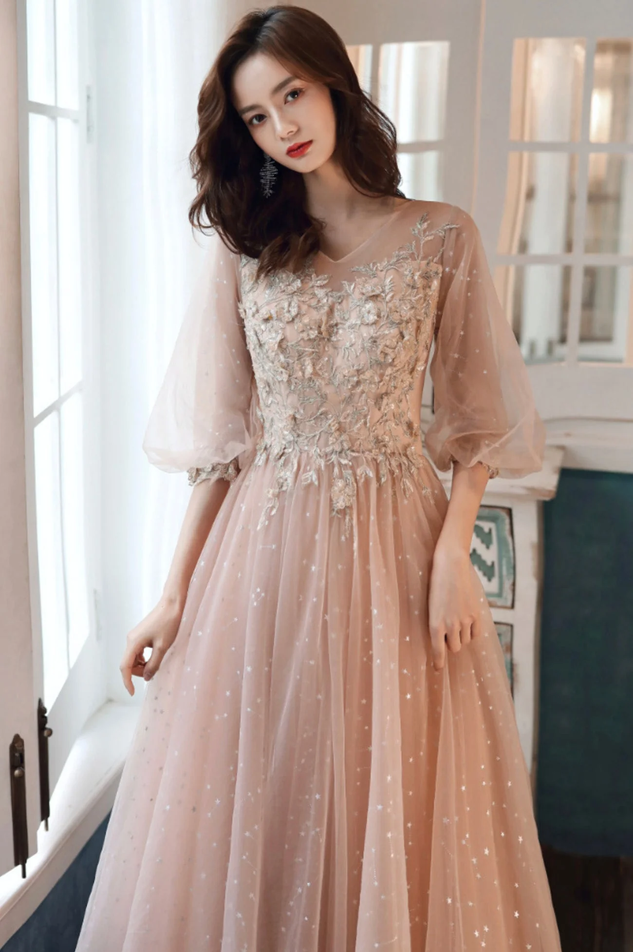 solvbao Pink Tulle Lace Long Prom Dresses, A-Line Long Sleeve Evening Dresses - Deanwangkt