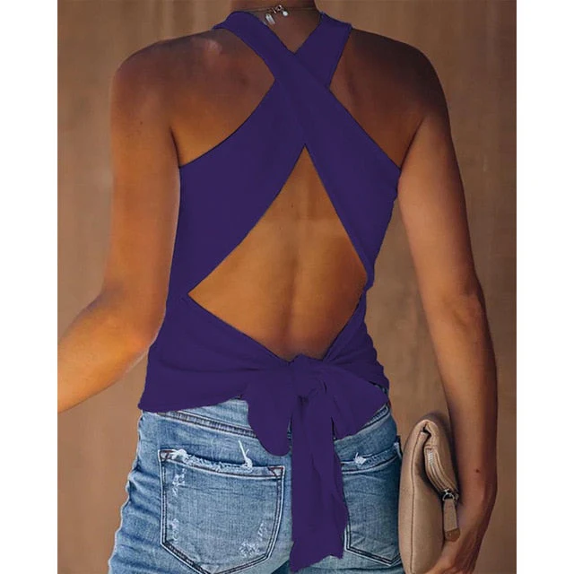 deanwangkt Summer Women Tank Top Casual Sleeveless Vest Tops Open Back Knotted Design Top Backless Bowknot Design Sexy Top Tank Tops - Deanwangkt