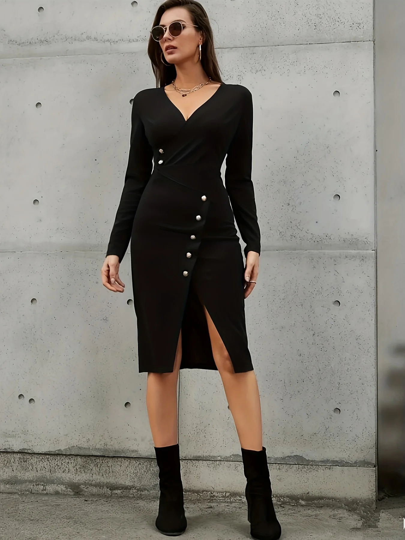 deanwangkt-1  Solid Bodycon Midi Dress, Elegant Long Sleeve Slanted Button Dress, Women's Clothing - Deanwangkt