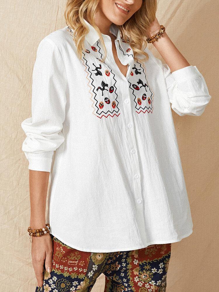 deanwangkt Women White Lapel Ethnic Embroidery Daily Casual Long Sleeve Shirts - Deanwangkt