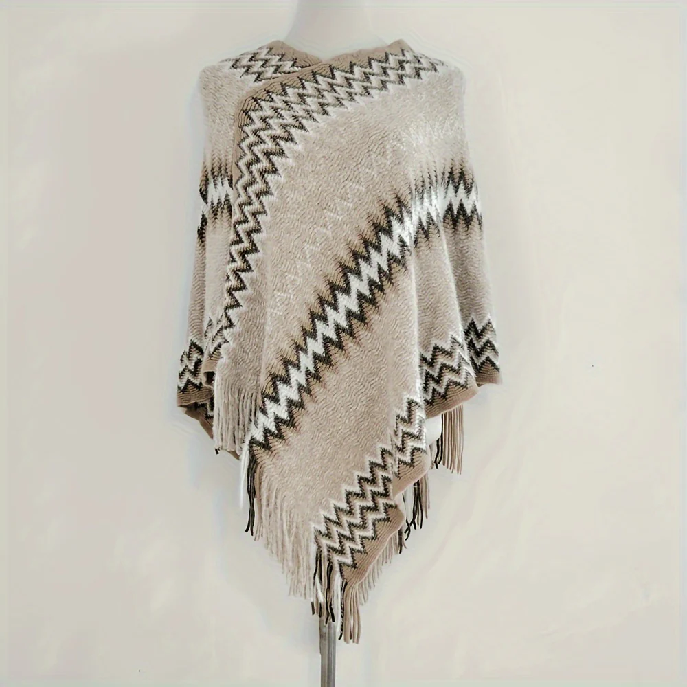 deanwangkt Boho Wave Stripes Knit Pullover Poncho Imitation Cashmere Thick Soft Warm Tassel Shawl Autumn Winter Travel Windproof Coldproof Cloak - Deanwangkt