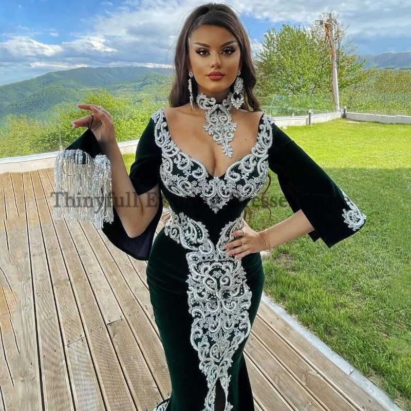 Black Moroccan Caftan Evening Dress Mermaid Velour Embroidery Half Sleeve Islamic Dubai Saudi Arabic Abaya Prom Dress - Deanwangkt