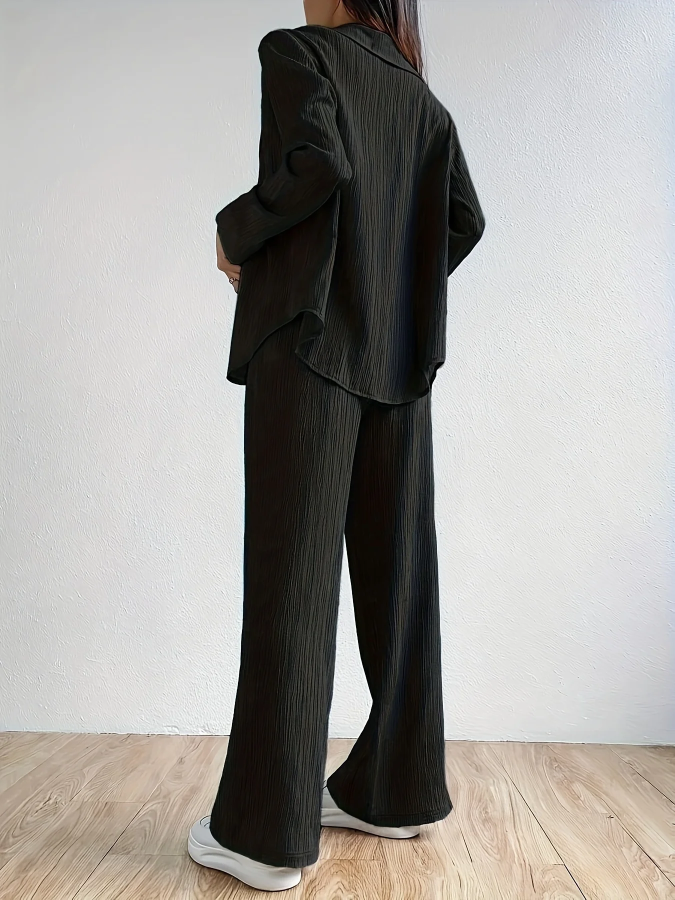 deanwangkt-1  Casual Solid Two-piece Set, Long Sleeve Button Front Shirt & Elastic Waist Pants Outfits, Women's Clothing - Deanwangkt