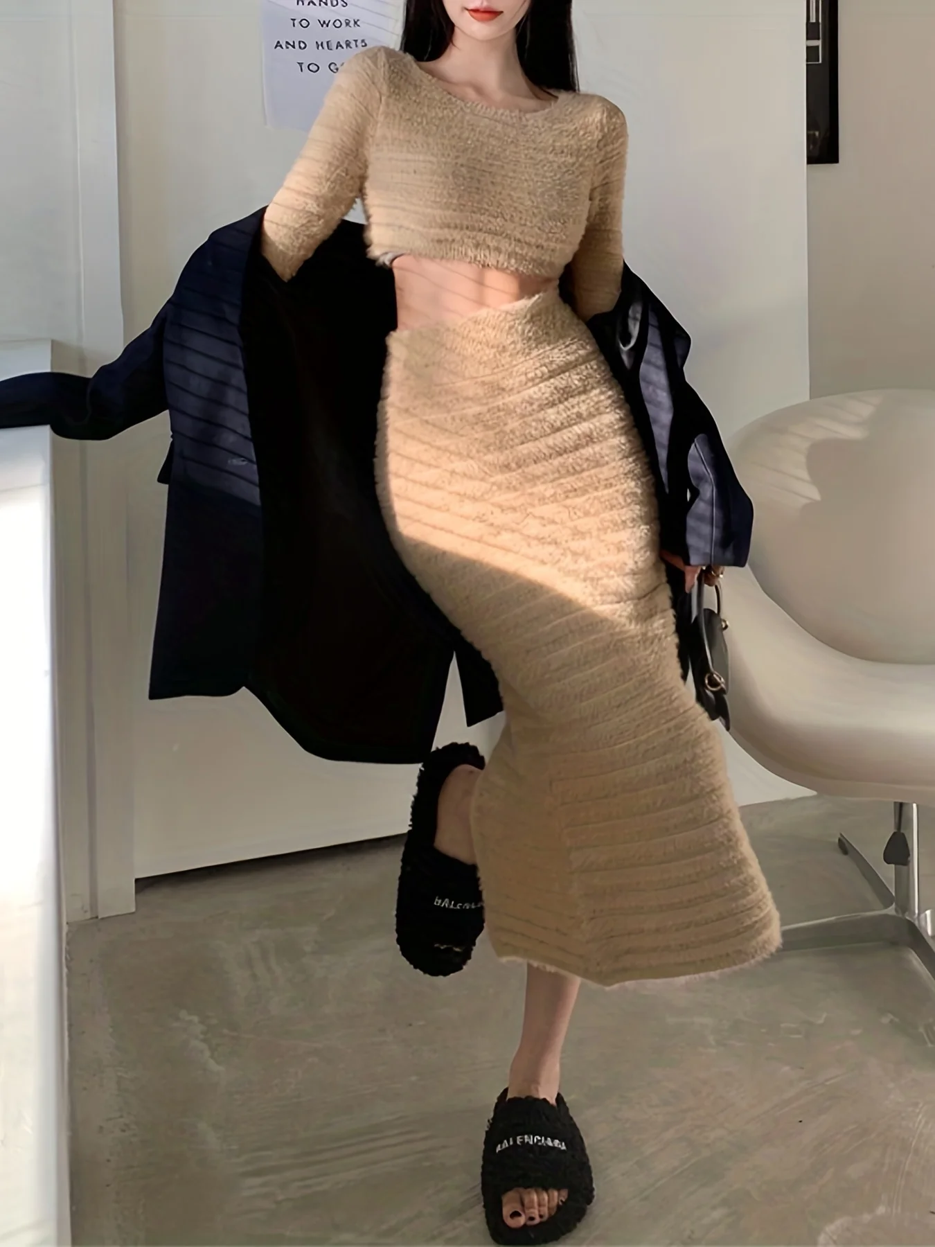 deanwangkt  Versatile Solid Two-piece Skirt Set, Crop Long Sleeve Top & High Waist Bodycon Skirt Outfits, Women's Clothing - Deanwangkt