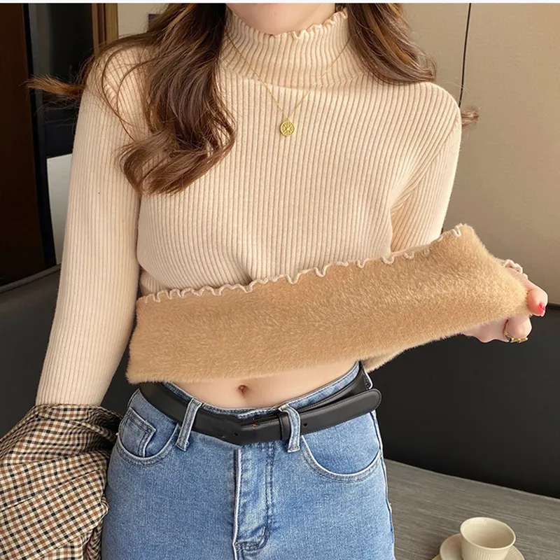 deanwangkt Women Ruffles Mock Neck Sweater Thicken Autumn Fleece Warm Thermal Pullover Cashmere Sweater For Women Winter - Deanwangkt