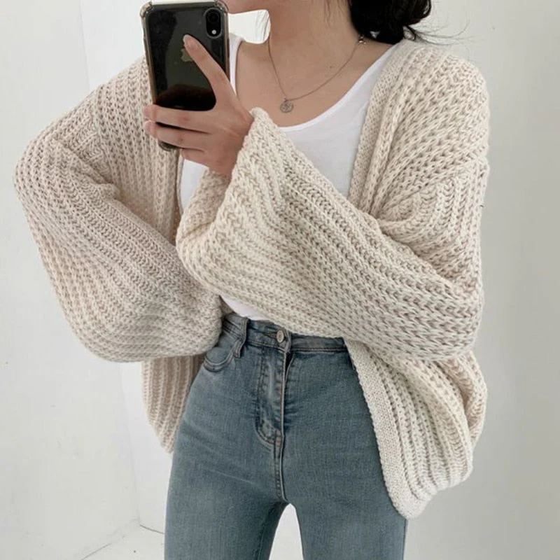 Vintage Harajuku Lantern Sleeve Autumn Tops Coat Women Cardigan Knitted Sweater Casual Korean Lazy Wind Y2k Sweater Jacket 23328 - Deanwangkt