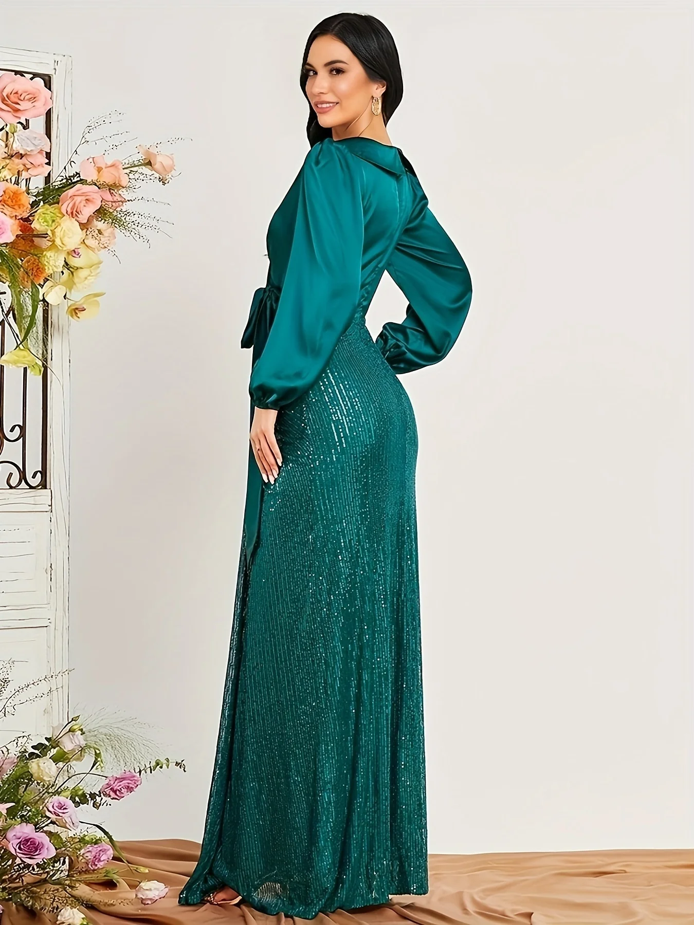 Surplice Neck Maxi Dress, Elegant Long Sleeve Party Dress, Women's Clothing - Deanwangkt