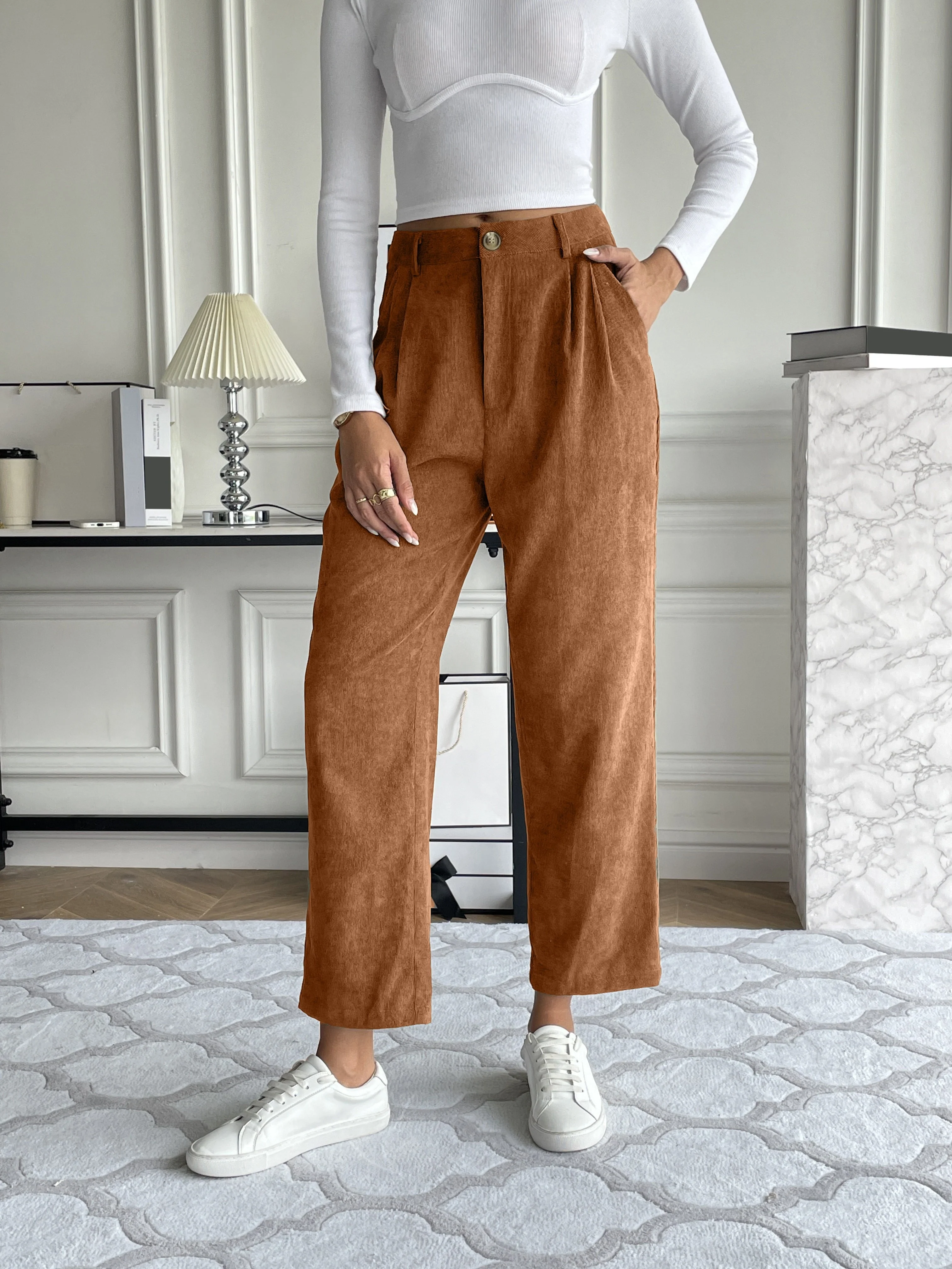 deanwangkt-1  Corduroy Pocket Straight Leg Pants, Casual Loose High Waist Pants, Women's Clothing - Deanwangkt