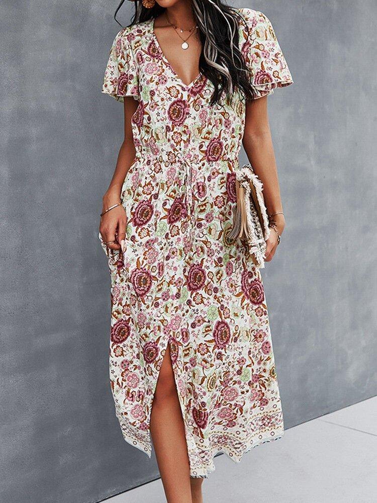 deanwangkt Flower Button Drawstring V-neck Short Sleeve Print Dress For Women - Deanwangkt