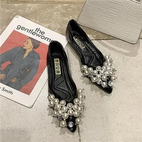 deanwangkt Elegant Ladies Pointed Flat Shoes  Spring Shallow Water Drill Pearl Buckle Soft Bottom Plus Size Comfortable Women's Shoes - Deanwangkt