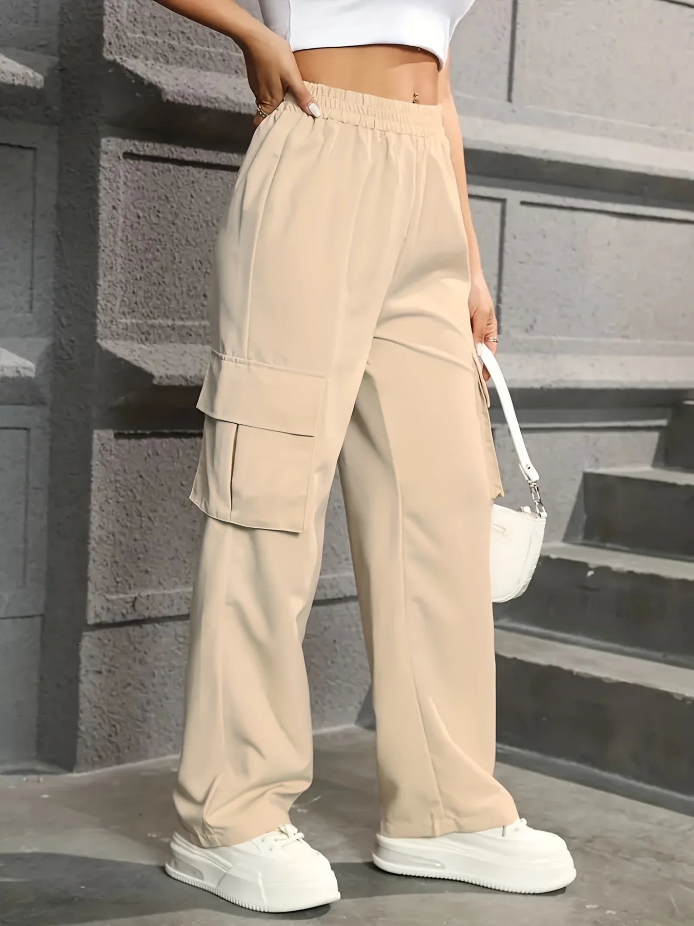 deanwangkt  Straight Leg Cargo Pants, Y2K High Waist Solid Pants For Spring & Fall, Women's Clothing - Deanwangkt