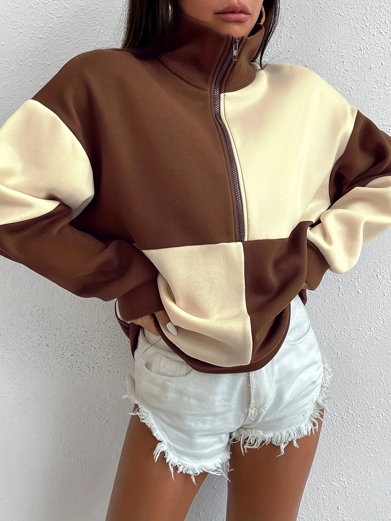 Color Block Half Zip Up Sweatshirt , Long Sleeve Pullover Tops , Women's Clothings - Deanwangkt