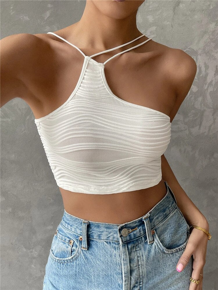 deanwangkt Sexy Asymmetric Neck Crop Top Women Summer Y2K Clothes Grunge High Street Sleeveless Backelss Party Cami Top Streetwear - Deanwangkt