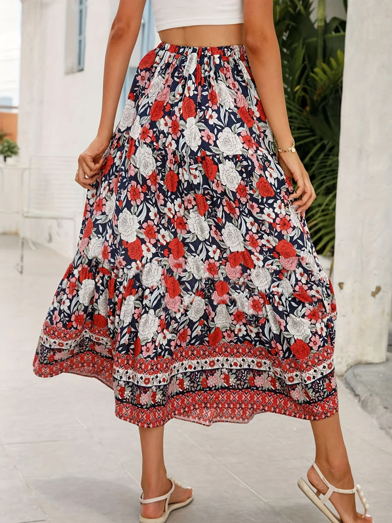 deanwangkt-1 Floral Print Drawstring Skirt, Boho Skirt For Spring & Summer, Women's Clothing - Deanwangkt