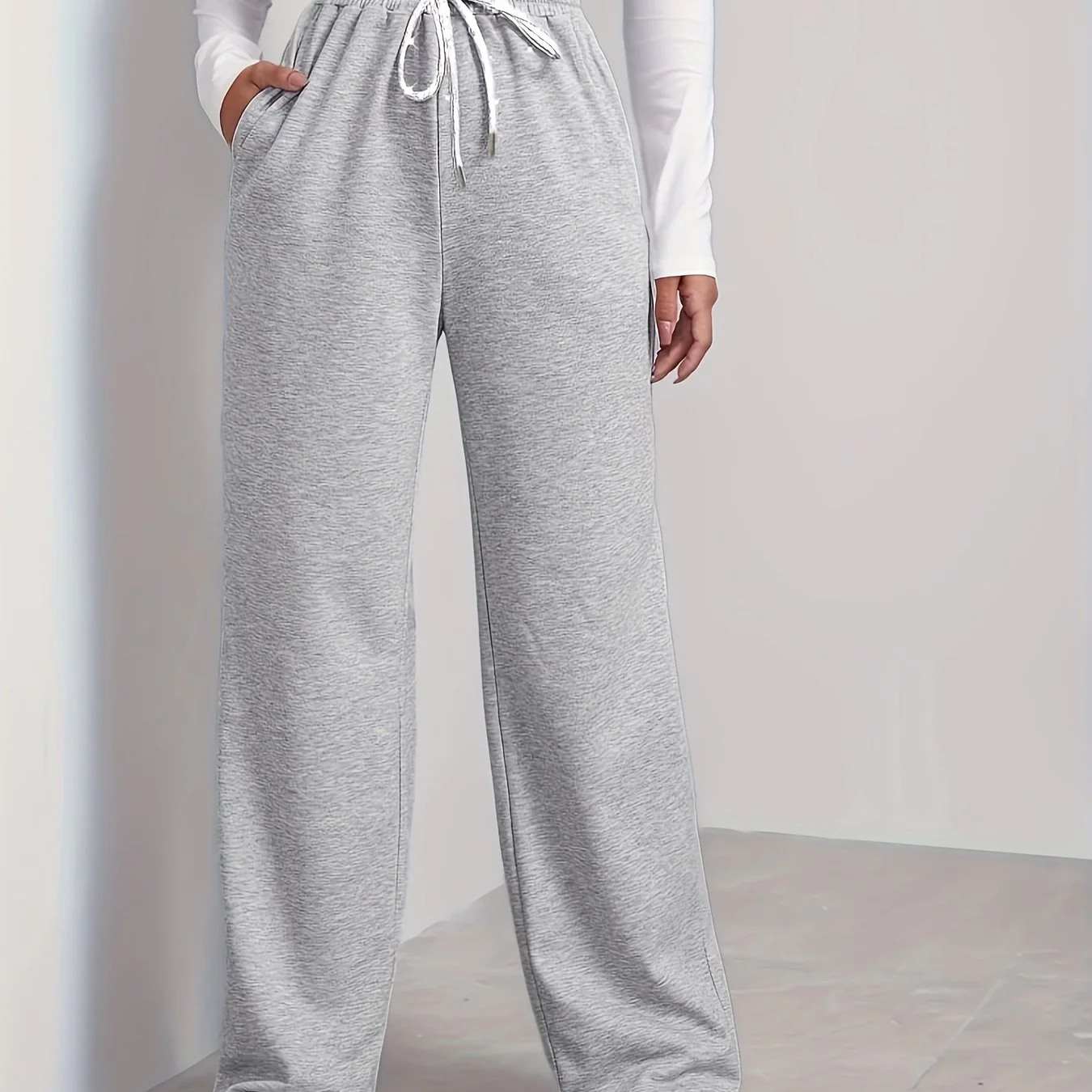 Drawstring Waist Slant Pocket Sweatpants, Casual High Waist Wide Leg Pants, Women's Clothing - Deanwangkt