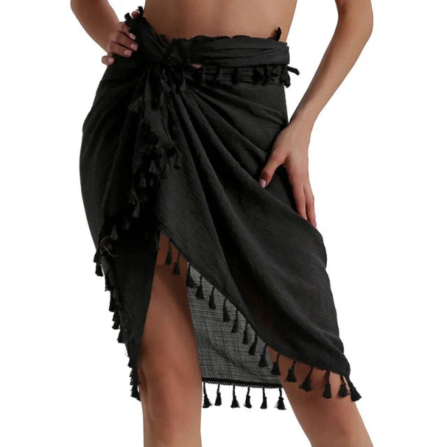 deanwangkt  Women Beach Dress Semi-sheer Swimwears Bikini Cover Ups Short Skirt with Tassels Chiffon Wrap Swimming Dress Sarong Pareo Shorts - Deanwangkt
