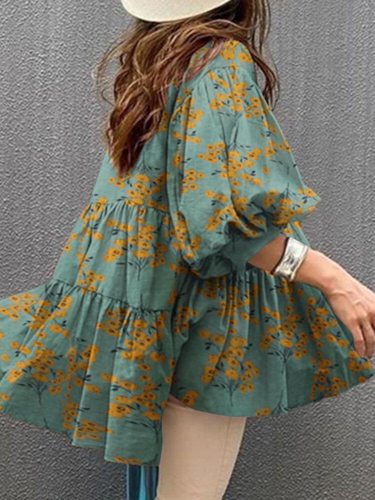 deanwangkt Flower Print Button Front Ruffle Pleated Casual Puff Sleeve Blouses For Women - Deanwangkt