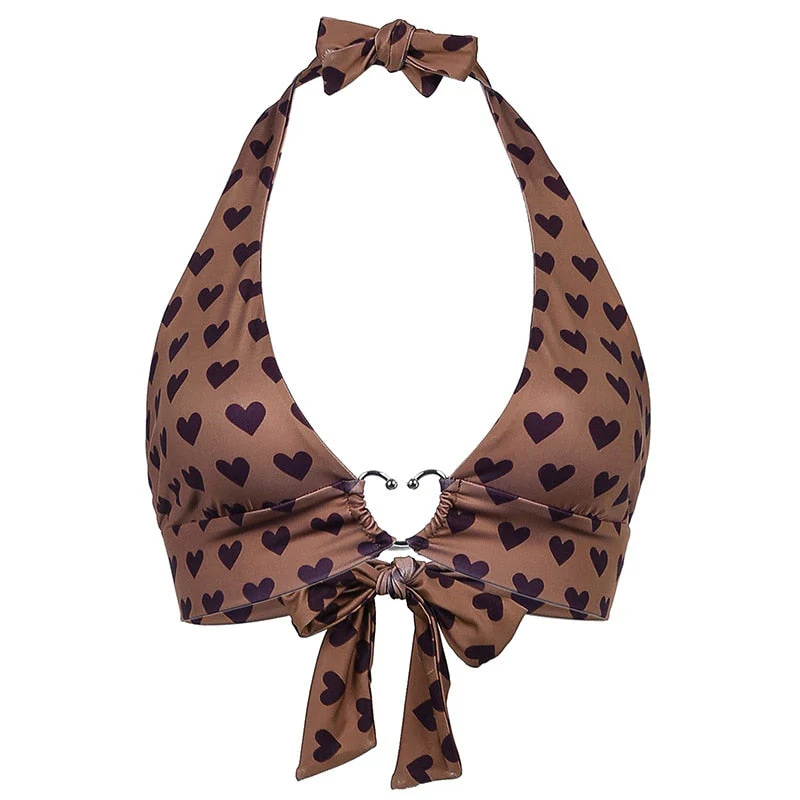 deanwangkt  Pink Heart Print Cute Bustier Crop Top Women Aesthetic Kawaii Clothes Sleeveless Backless Lace Up Bralette Camisole - Deanwangkt