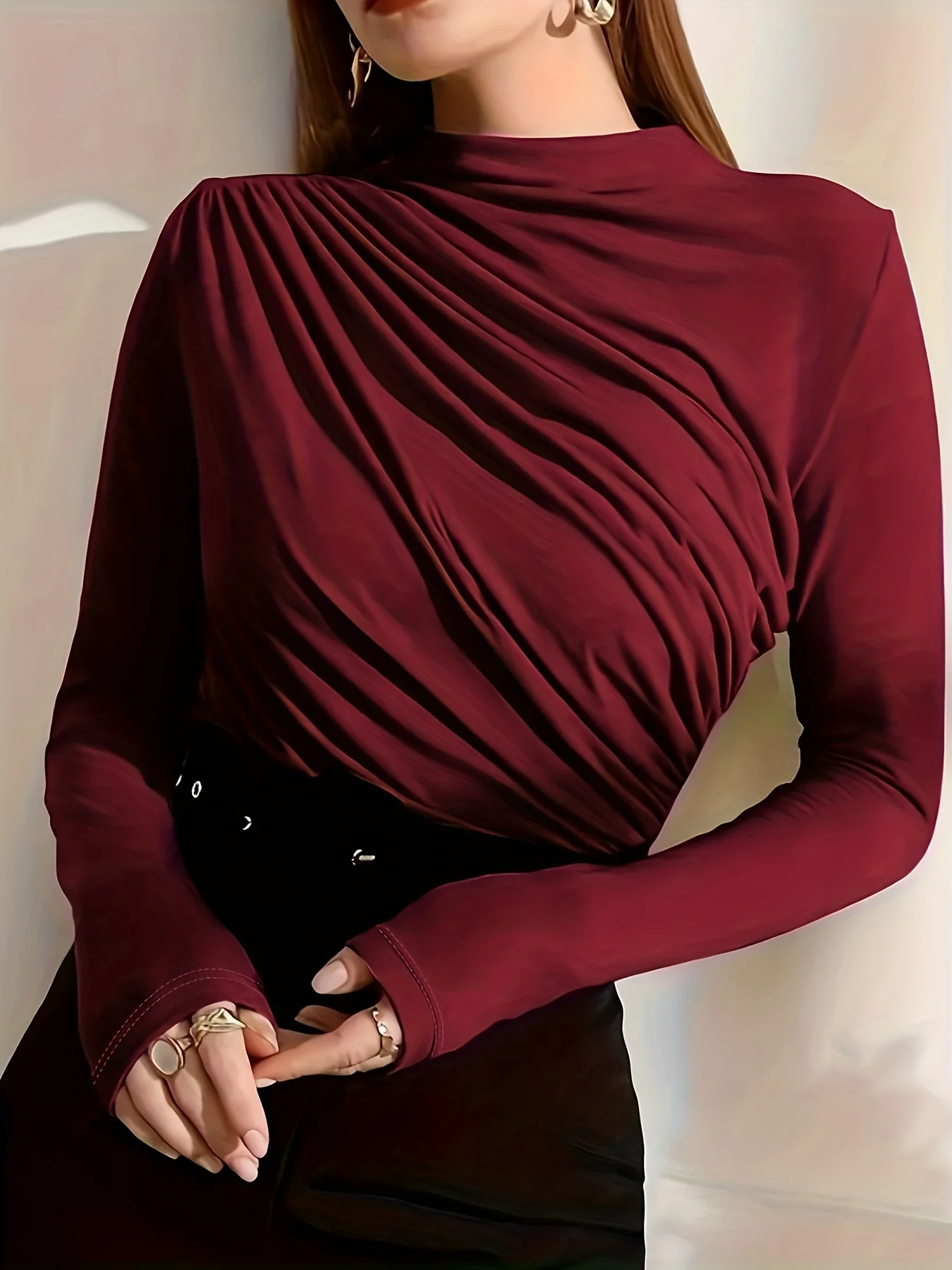 Long Sleeve Ruched T-Shirt, Elegant Solid Top For Fall & Spring, Women's Clothing - Deanwangkt