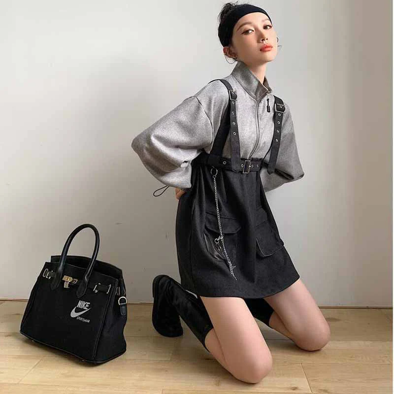 deanwangkt  Retro Vintage Women Gothic Girls Punk Mini Dress High Waist Long Sleeve Hat Collar Sexy Gry Black Lolita Plus Size Jurken - Deanwangkt