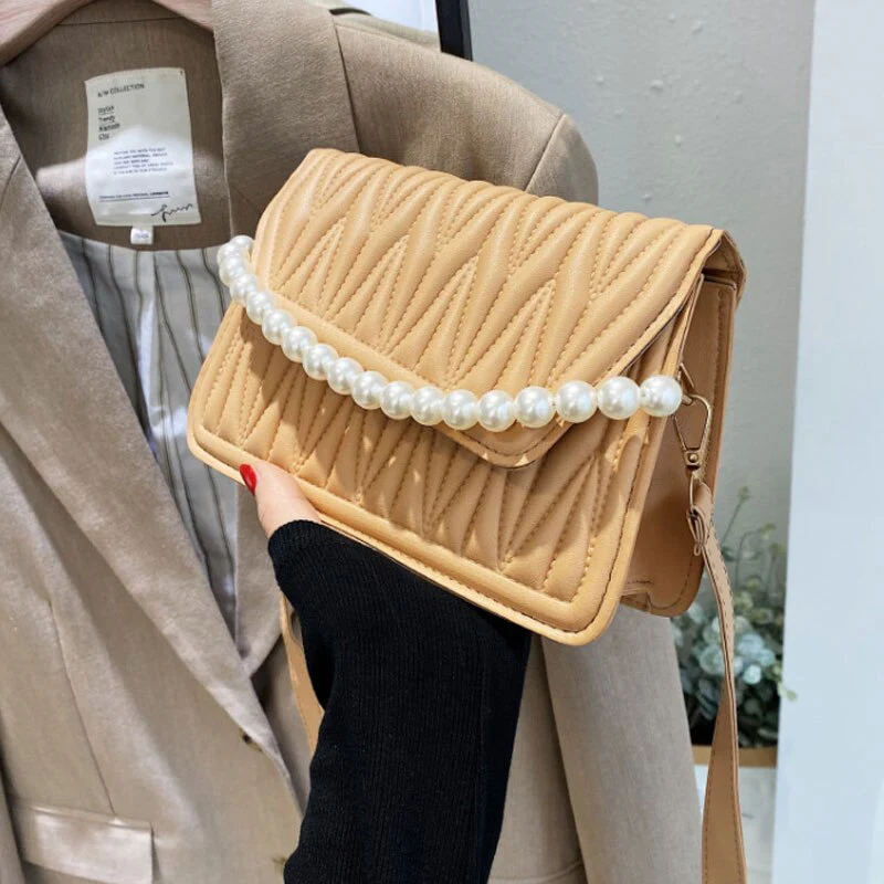 deanwangkt BACK TO COLLEGE    Pearl Chain Strap Handbags For Women Designer Pu Leather Shoulder Bag Plaid Simple Female Crossbody Bag Small Square Bag - Deanwangkt