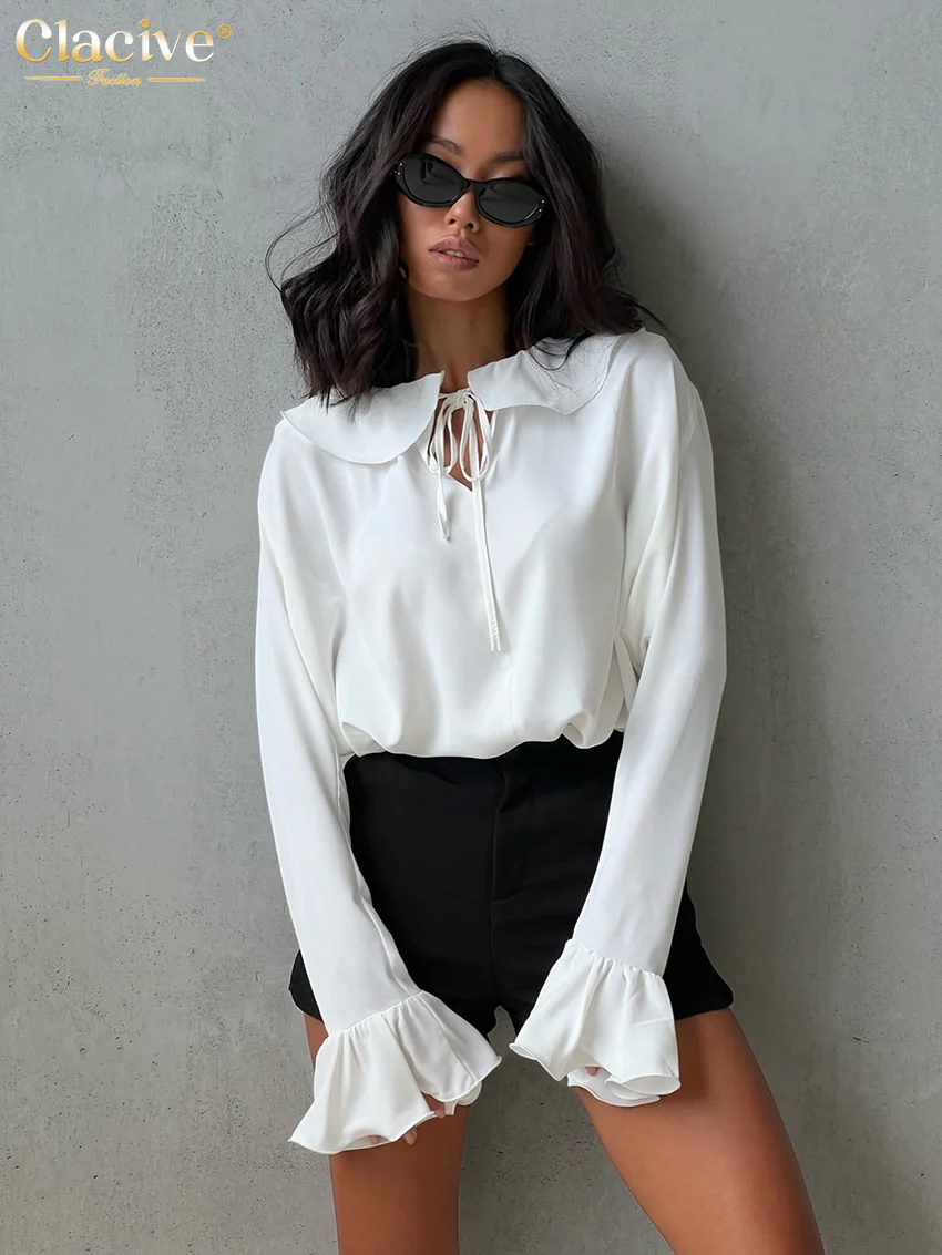 deanwangkt Fashion Woman Blouses  Auutmn Doll Collar Trumpet Sleeve Office Lady Shirts Elegant Loose White Blusas Tops Female - Deanwangkt