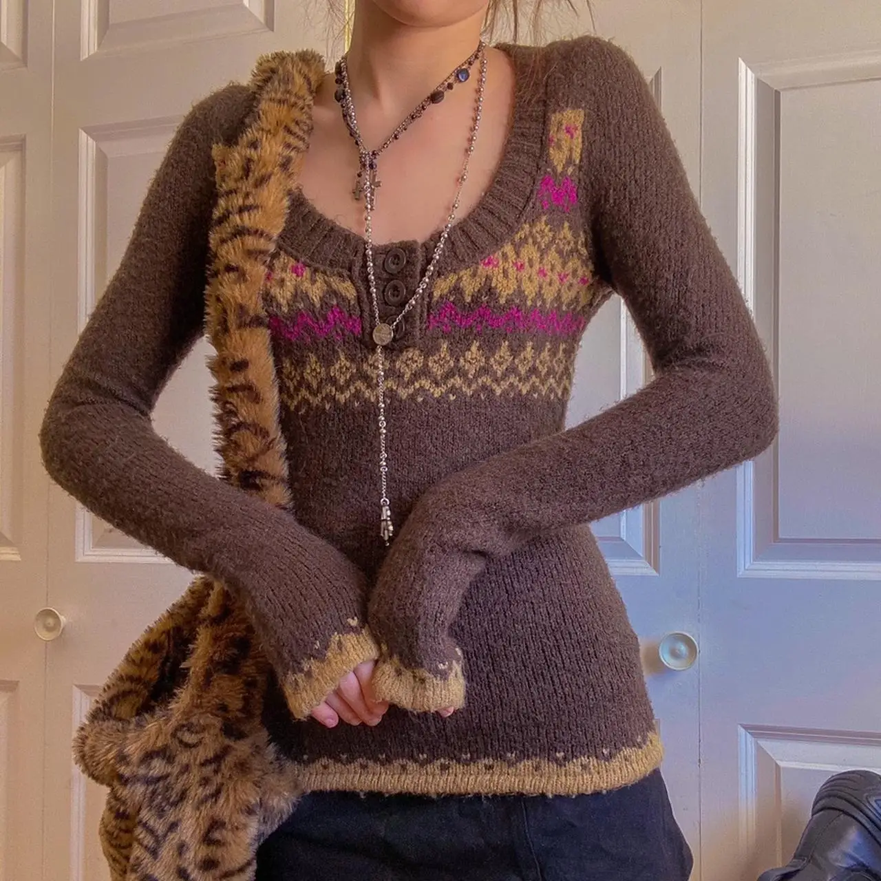 deanwangkt 2000s Vintage Sweaters Y2k Aesthetics Graphic Print Low-cut Long Sleeve Knitted Pullovers Grunge Tops Clothes Autumn - Deanwangkt