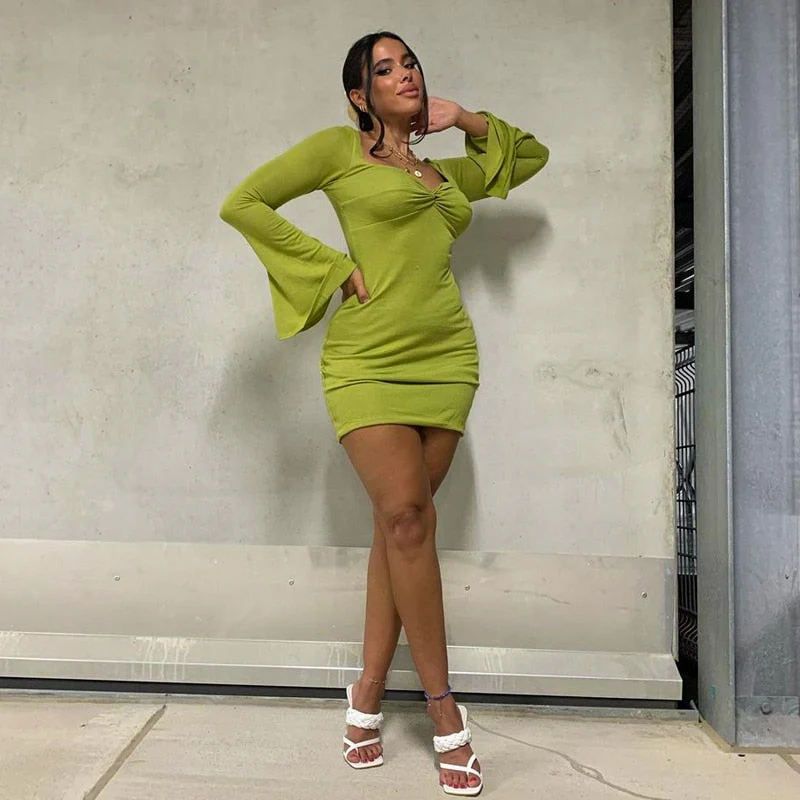 Joskaa Women's Spring Autumn Causal Solid Color Square Neck Flare Sleeve Short Mini Dress - Deanwangkt