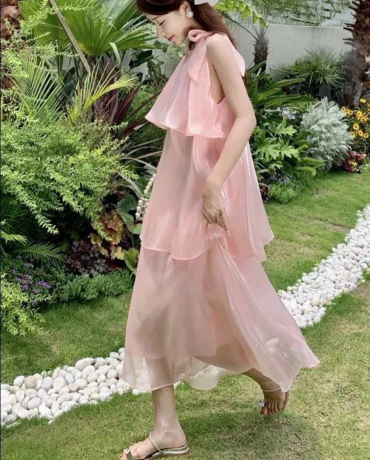 deanwangkt Elegant Sweet Sleeveless Dress Women Layered Ruffles High Waist Beach Holiday Dresses Casual Fashion Princess Sundress - Deanwangkt