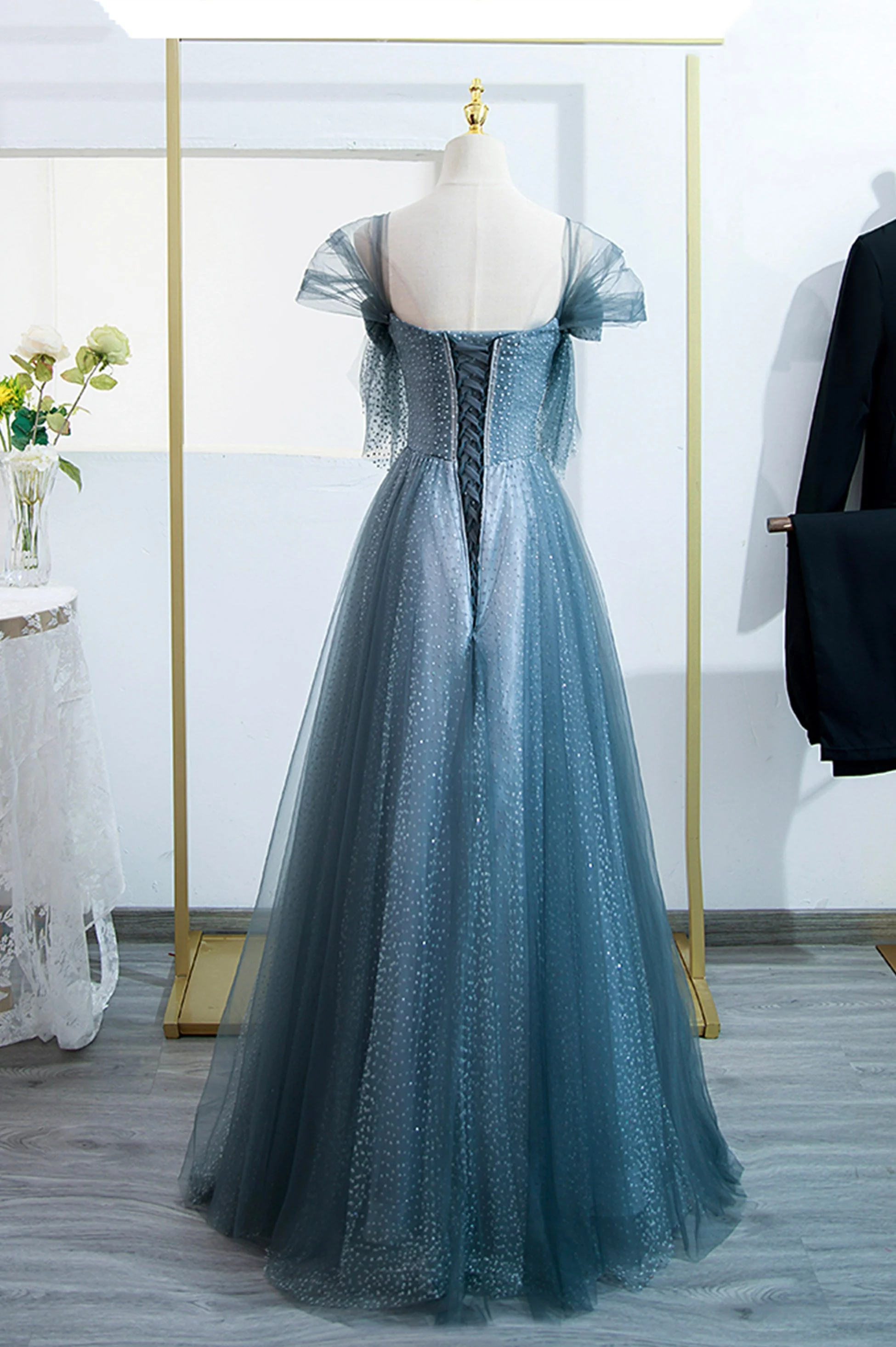solvbao Blue Tulle Long A-Line Prom Dress, Lovely Blue Evening Party Dress - Deanwangkt