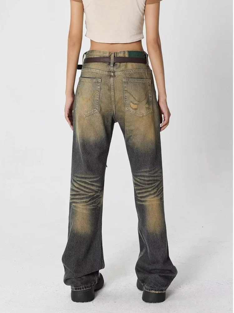 deanwangkt Street Wash Made Old Blue Micro Flared Pants For Women's Autumn New Slim Retro Jeans Trendy Women's Jeans - Deanwangkt