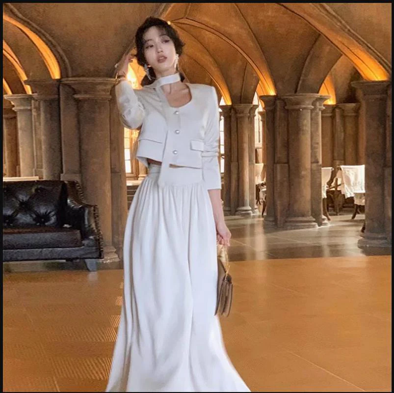 deanwangkt French White Long Sleeve 2 Piece Set for Women Autumn New Elegant Fashion Short Top High Waist Long Skirt Suit Female Clothing - Deanwangkt