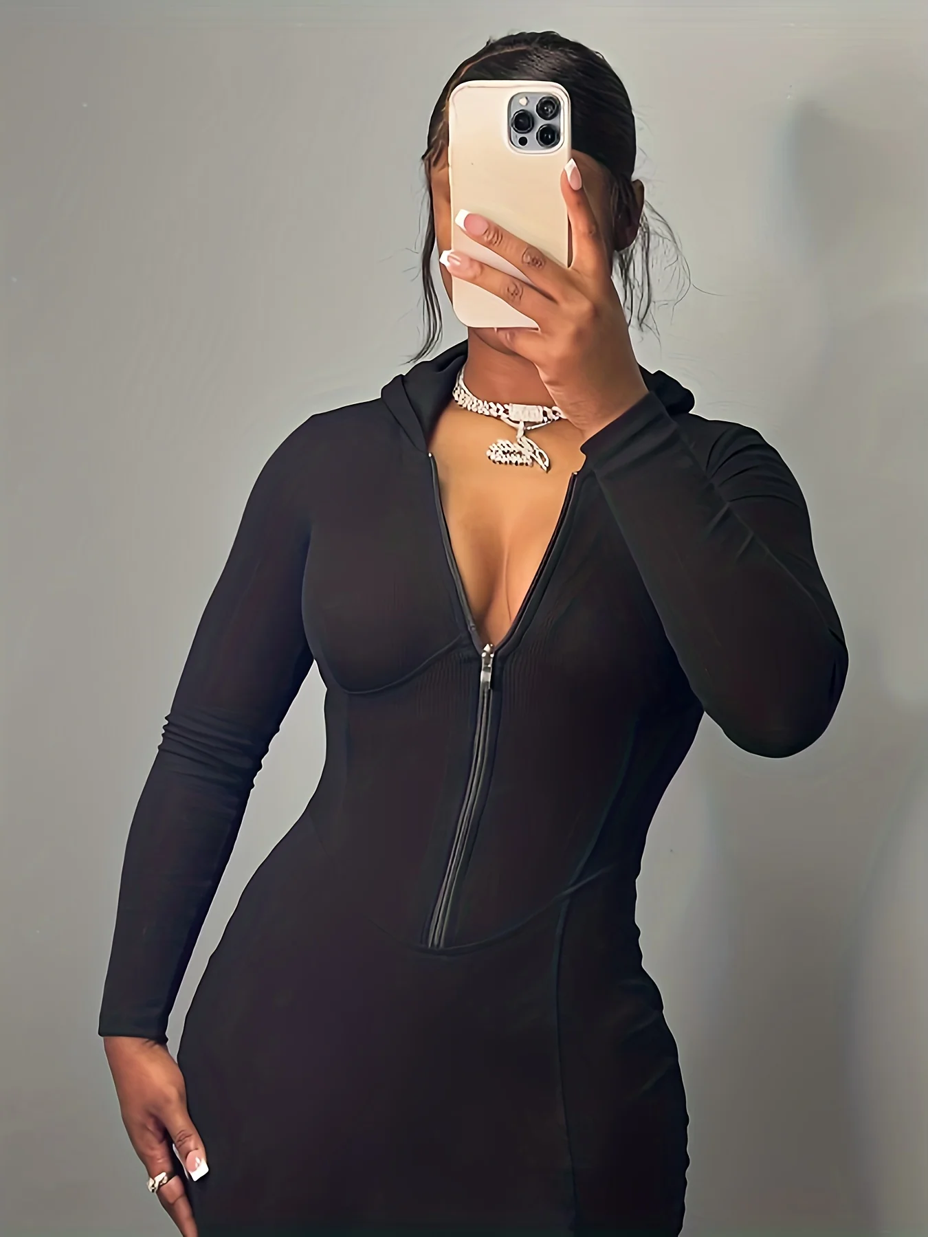 deanwangkt-1  Zip Front Bodycon Hooded Dress, Casual Long Sleeve Ankle Length Dress For Spring & Fall, Women's Clothing - Deanwangkt