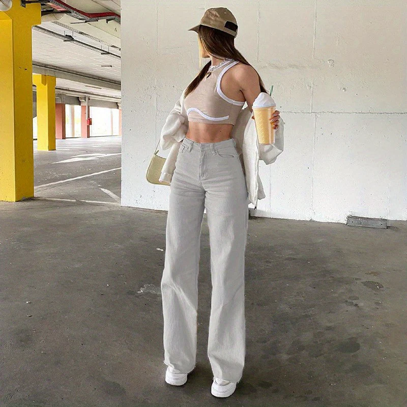 White Loose Fit Straight Jeans, Slash Pockets Non-Stretch Baggy Denim Pants, Women's Denim Jeans & Clothing - Deanwangkt