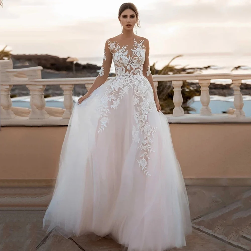 Floral Appliques Wedding Dresses Three Quarter Scoop Neck Backless A-Line Court Train Tulle Bridal Gowns Vestido De Novia - Deanwangkt