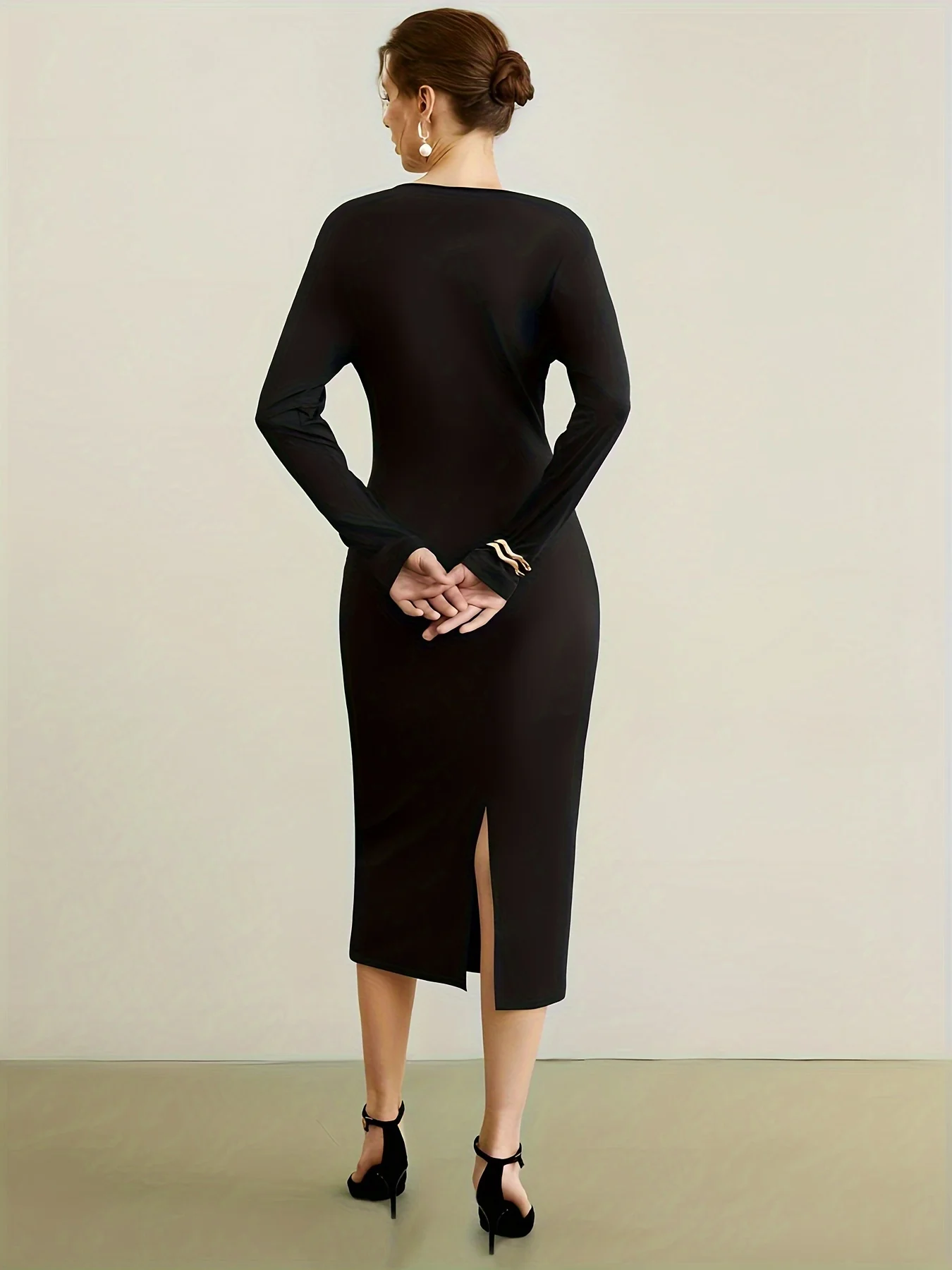 Split Solid Bodycon Dress, Casual Crew Neck Long Sleeve Midi Dress, Women's Clothing - Deanwangkt