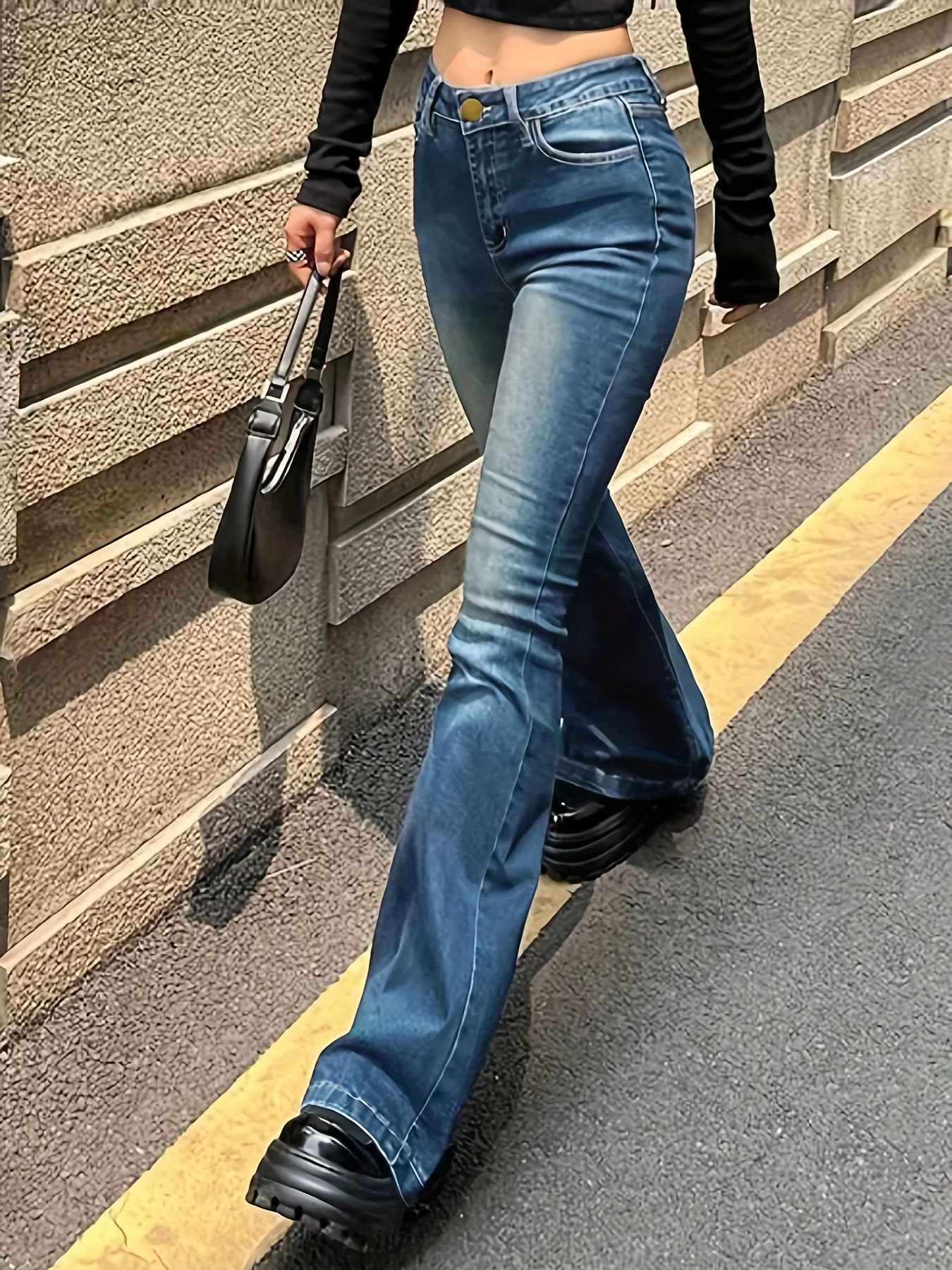 deanwangkt Fleece Liner Casual Flare Jeans, High Stretch Slant Pockets Casual Bell Bottom Jeans, Women's Denim Jeans & Clothing - Deanwangkt