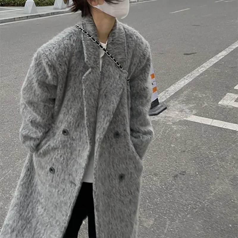 deanwangkt Mohair Long Wool Coat Women Autumn Winter New Long Sleeve Thicken Jacket Vintage Double Breasted Loose Chic Coats - Deanwangkt