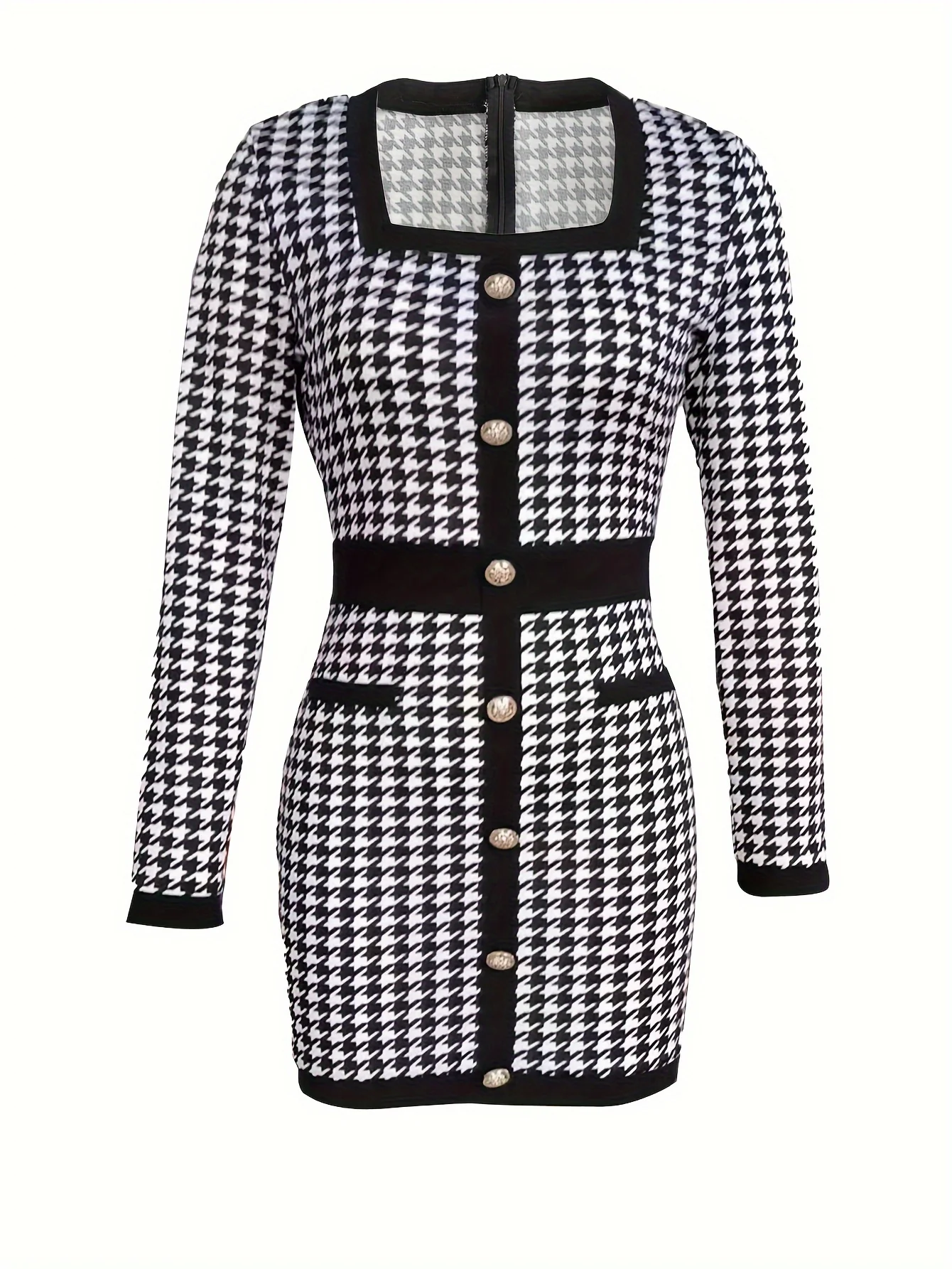 deanwangkt-1  Houndstooth Print Dress, Elegant Squared Neck Long Sleeve Slim Dress, Women's Clothing - Deanwangkt