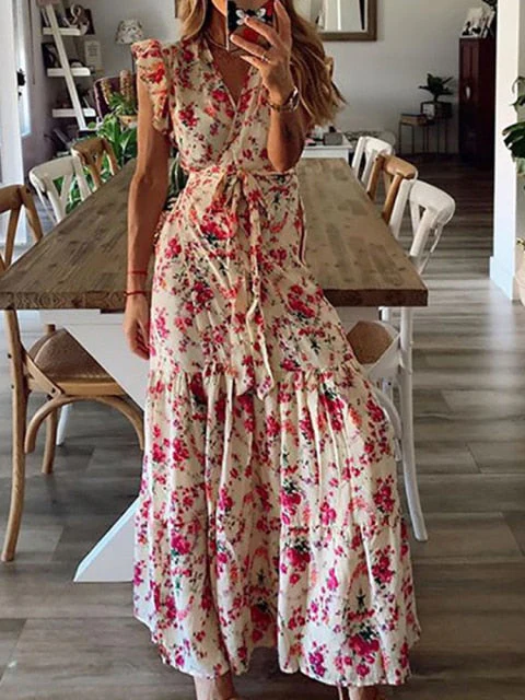 Boho Floral Print V Neck Long Beach Dress Frill Belt Lace Up Beach Cover Up Summer Vacation Beach Wear Women Tunic Honeymoon - Deanwangkt