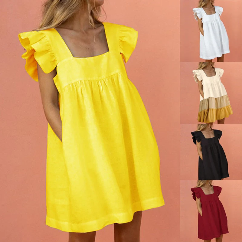 Women Ruffled Mini Dress Summer Cute Square Collar Pocket Dresses Elegant Butterfly Sleeve Beach Party Female Dresses Vestidos - Deanwangkt