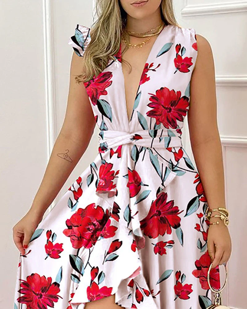 deanwangkt  Casual Summer Women Dress Red Print V-Neck Sleeveless Ruffle Elegant Beach Party Lady Irregular Slit Floor-Length Dresses - Deanwangkt