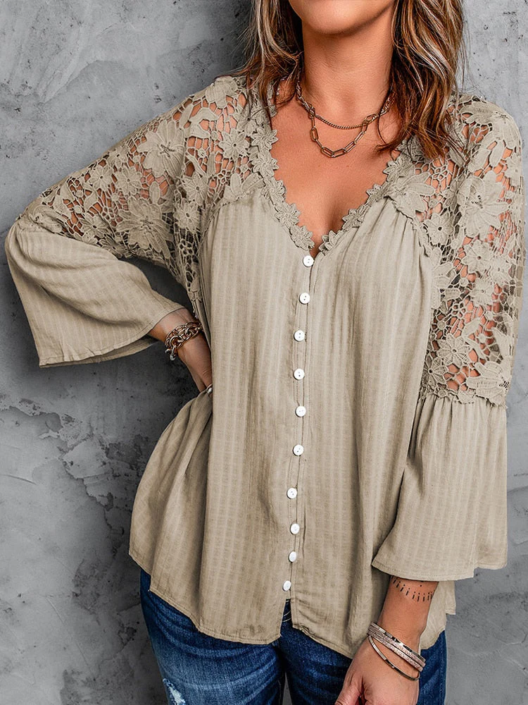 deanwangkt Lace Blusas Summer Top Female Women Shirts Women's White Shirt Blouses Tops Flare Long Sleeve Chic Hollow Out Woman Blouse - Deanwangkt