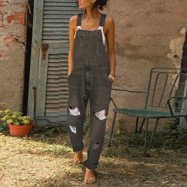 deanwangkt Work clothes jeans women's slim jumpsuit  spring and autumn suspenders trousers fashion trend casual ripped women's pants - Deanwangkt