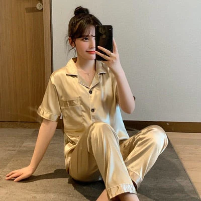 Newest Silk Pajamas for Women Sweet Leopard Pyjamas Woman Elegant Short Sleeve Long Pant Homewear Ladies Sleepwear Sets - Deanwangkt