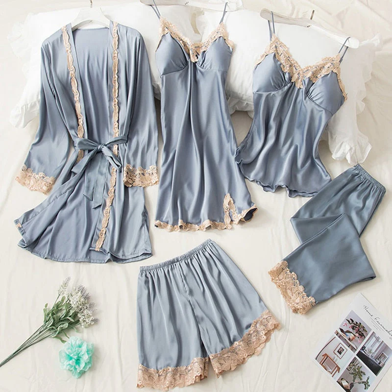 Women Pajamas 5PCS Pajamas Sets Satin Sleepwear Pijama Silk Home Wear Clothing Sexy Lace Sleep Lounge Pyjamas with Chest Pads - Deanwangkt